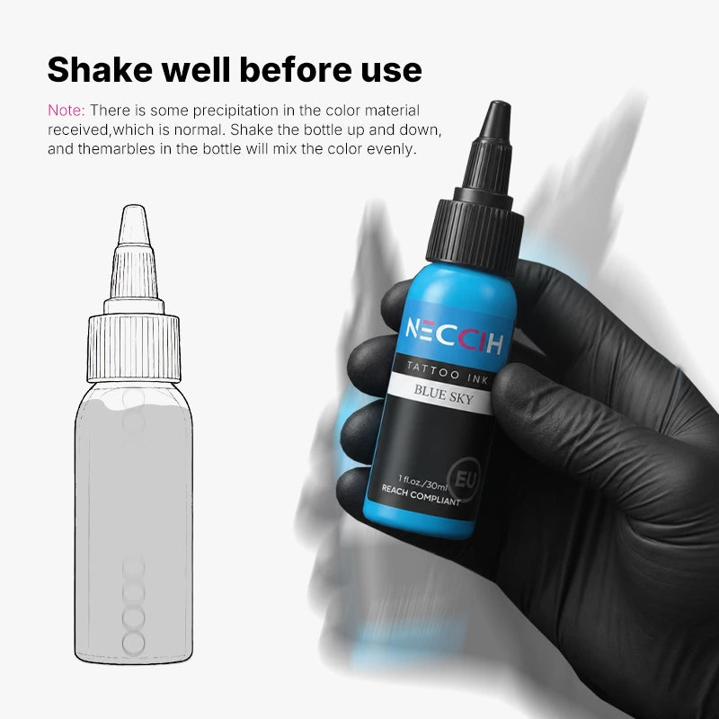 Neccih Bright Red Tattoo Ink bottle with vibrant red ink swatches, highlighting the product’s skin-safety claims, sterile formulation, and long-lasting brilliance.